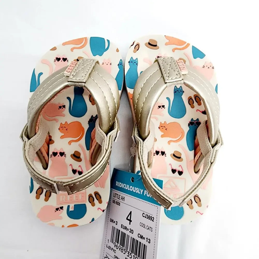 Reef Little Ahi Toddler Sandals Size 4 Gold Cat Print Slip On Summer Beach